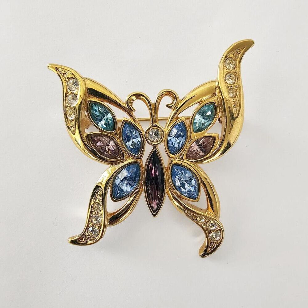 Gold Tone Butterfly Brooch with Multi-Colored Stones